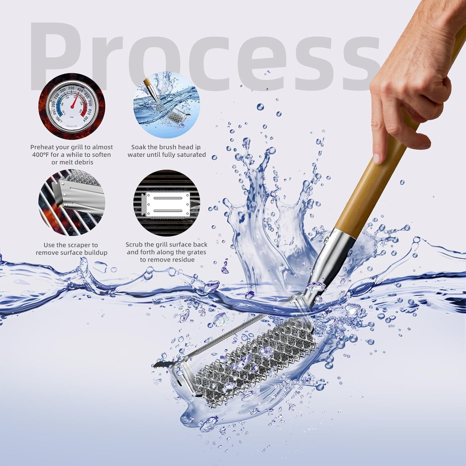 Grill Brush and Scraper Bristle Free with Dual Grip, 304 Stainless Steel Food-Grade Brush Head, Outdoor Grill Cleaning Brush Safe BBQ Grill Accessories Cleaner for Porcelain