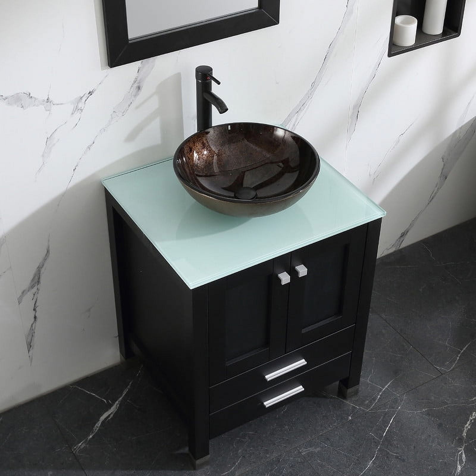 Walsport 24" Luxurious Bathroom Vanity with Brown Tempered Glass Vessel Sink Bowl and Countertop and Mirror and Faucet,Stand Floor Cabinet Bathroom Storage Vanity with Pop Up Drain,Black