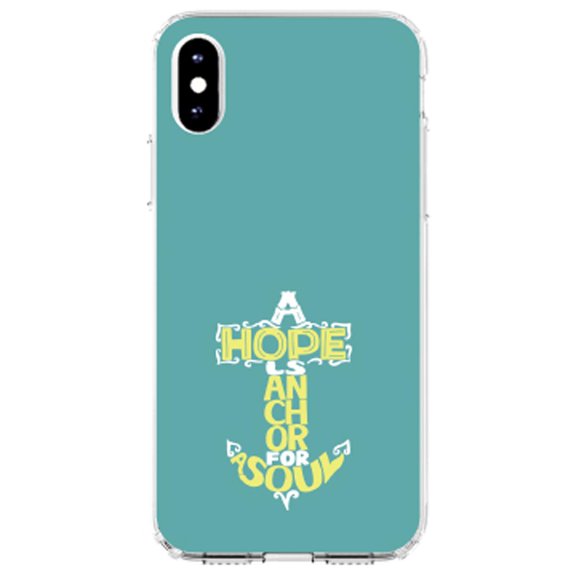 DistinctInk Clear Shockproof Hybrid Case for iPhone X / XS (5.8" Screen) - TPU Bumper, Acrylic Back, Tempered Glass Screen Protector - Hope is an Anchor for a Sould - Yellow Teal
