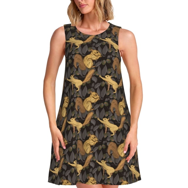 Fotbe Robe Midi d'Été pour Femmes Motif Écureuil Rassembleur de Noix – Robe Trapèze Sans Manches, Robe T-Shirt Florale, Robe Décontractée Fluide de Plage