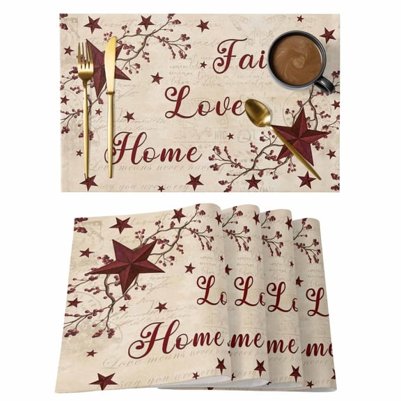 Vintage Country Placemats Set of 6, Vintage Rustic Texas Stars Plants Branch Placemats for Dining Table, Place Mats for Kitchen Tabletop, Waterproof Wipeable Dining Table Mats Set