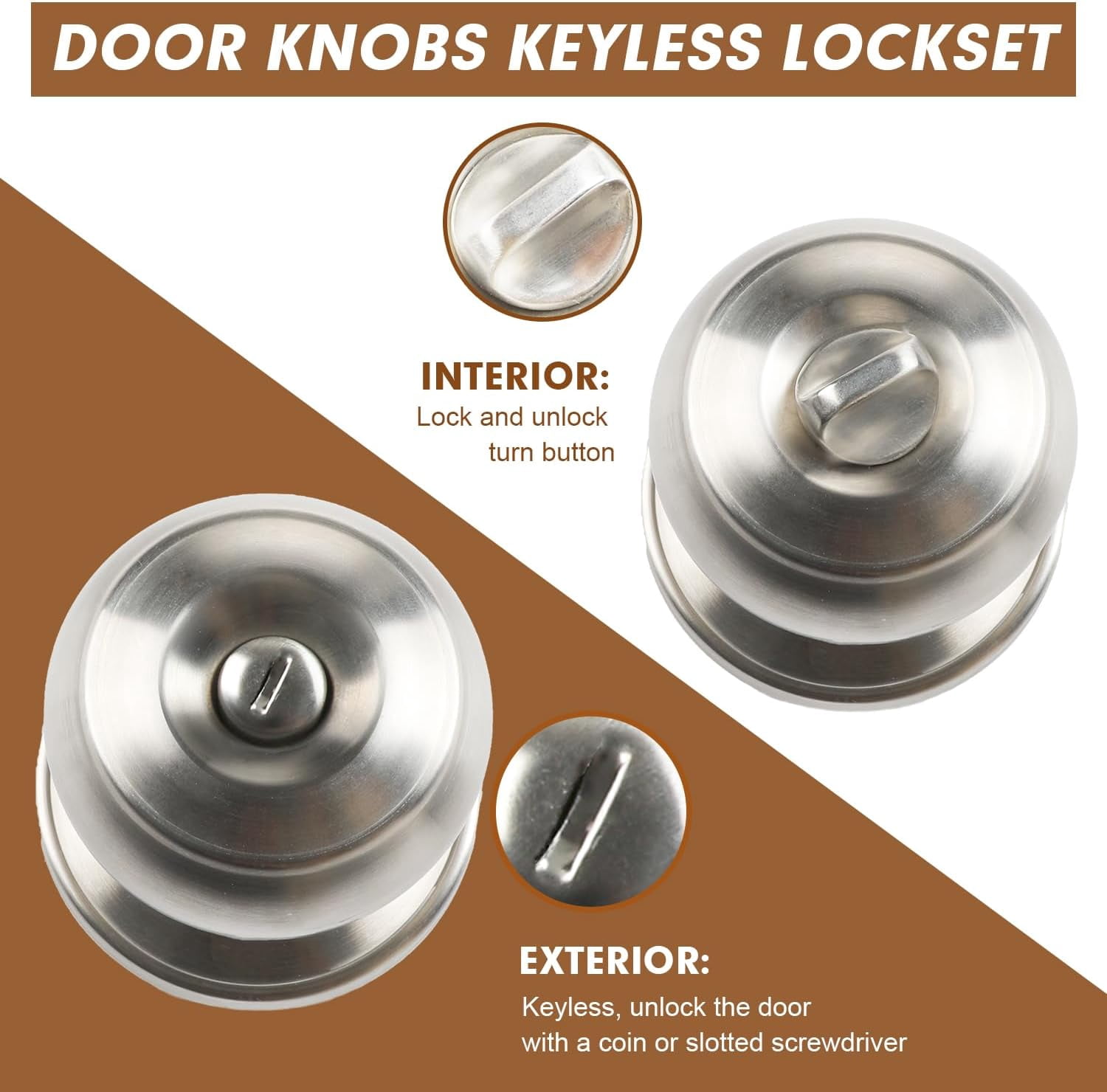Privacy Door Knobs, 5 Pack Satin Nickel Door Knobs with Lock, Bed and Bath Door Knob Interior Keyless Locksets, Round Door Handles Reversible for Left Right Handed Doors