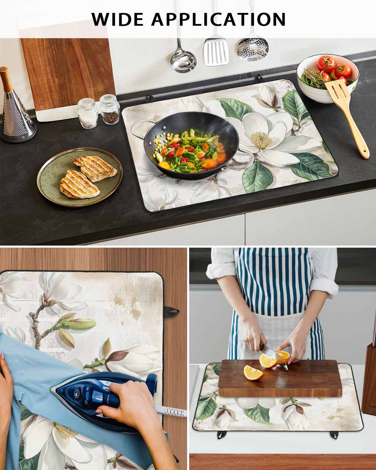 nqOlkjepod Large Induction Cooktop Protector Mat 24"x21", Flowers Leaves Stove Top Covers for Electric Stove, Farmhouse White Botanical Magnolia Retro Stove Burner Cover Mats, Glass Top Stove Cover