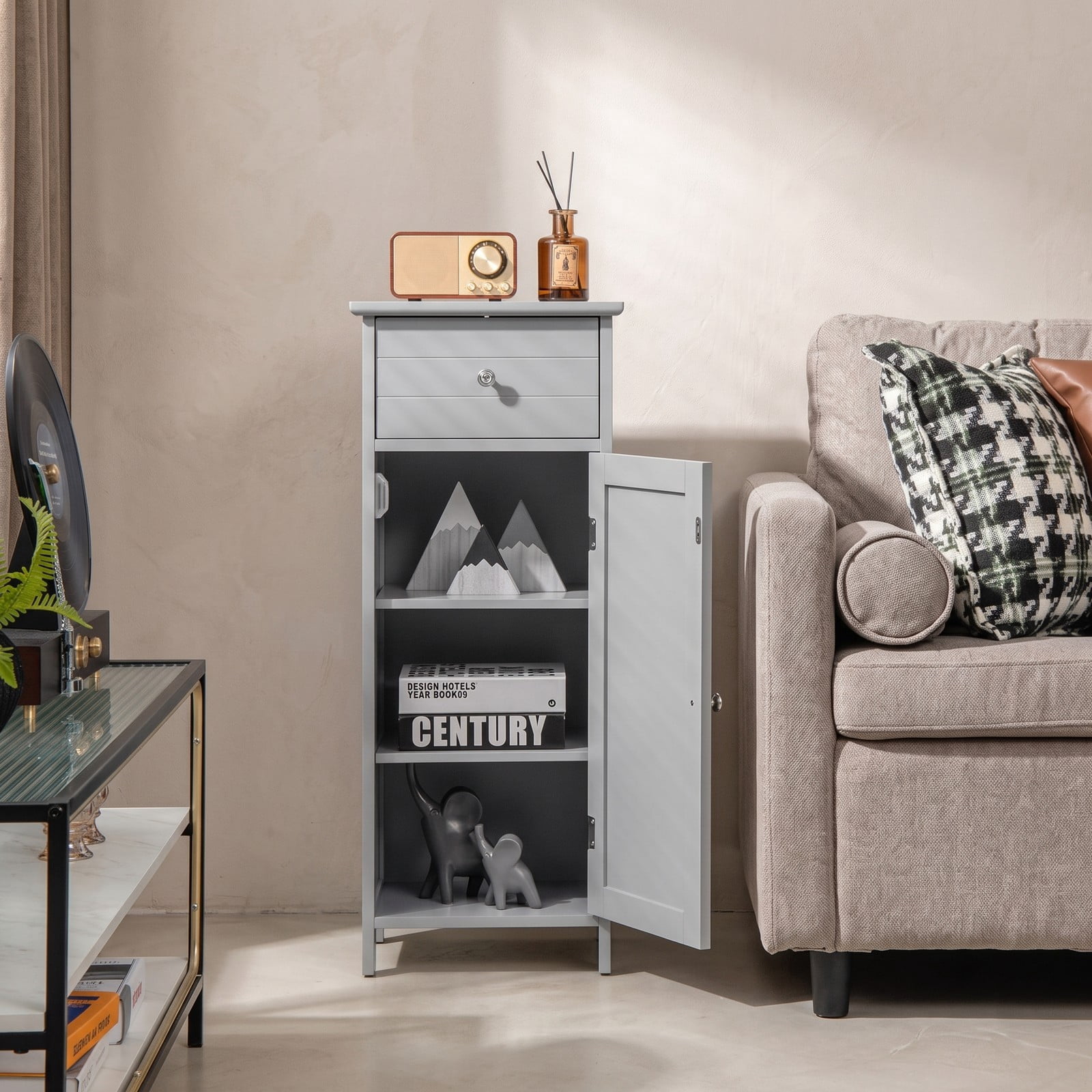 ALPULON Wooden Bathroom Floor Storage Cabinet with Drawer and Adjustable Shelf, Freestanding MDF Side Organizer for Bathroom Entryway Living Room, Gray