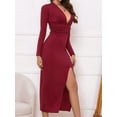 thumbnail image 4 of Women Deep V Neck Long Sleeve Slit Fall Elegant Formal Wedding Guest Cocktail Evening Date Prom Maxi Long Dress Wine Red XS, 4 of 9