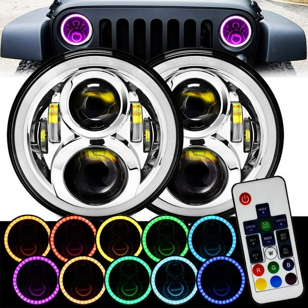 7 Inch Chrome Remote RGB SMD LED Halo Headlights for Jeep Wrangler JK TJ LJ  Hi/Lo Beam with DRL Halo Ring Angel Eyes 2PCS H6014 H6015 H6017 H6024 FITS  TRUCKS CARS -