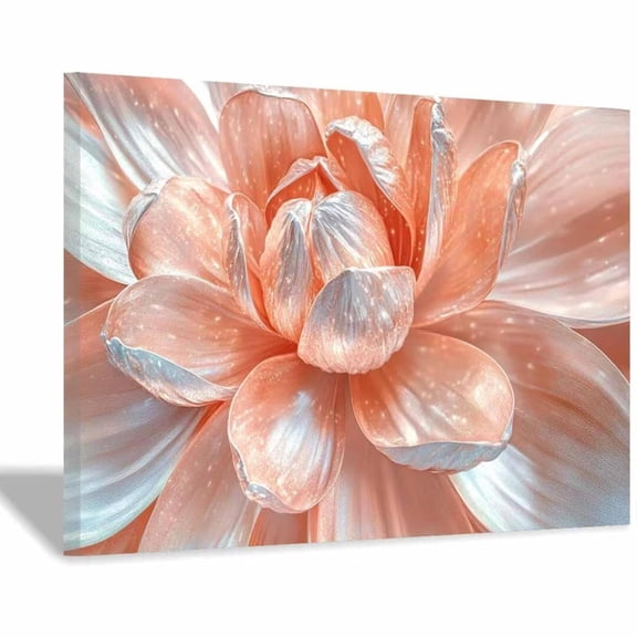 Mudket Peach and Silver Flower Canvas Wall Art, Framed Floral Print, Ready to Hang Wall Decor for Living Room Bedroom, Elegant Abstract Artwork - 12"L x 8"W
