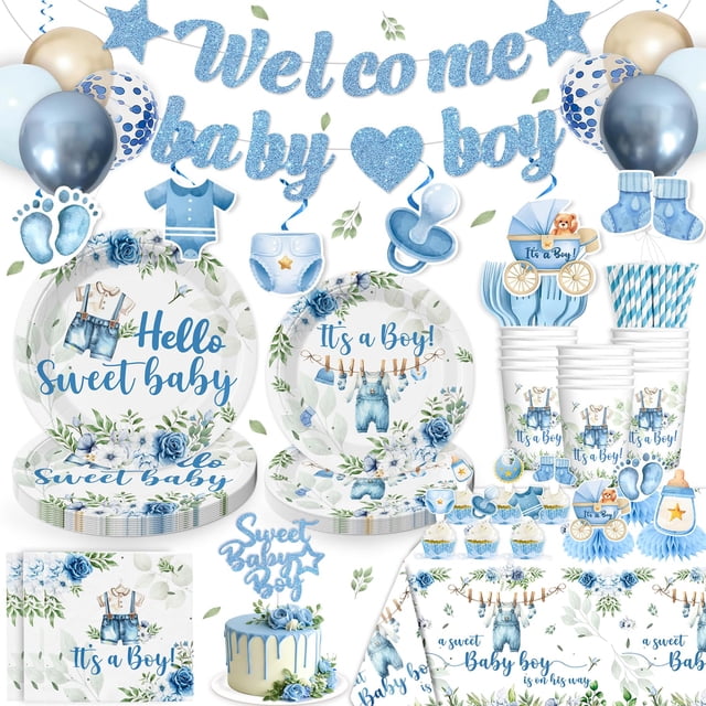 Set de decoración para baby shower, color azul cocomigo, para niño, 213 unidades