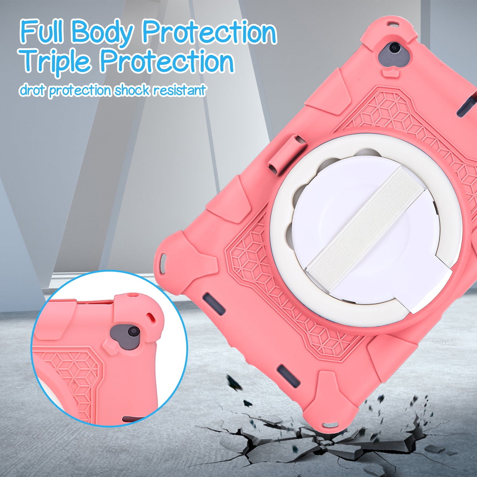 For iPad 6th 5th Generation Case, Soft Silicone Drop Protection Rotating Kickstand with Shoulder Strap Pencil Holder Kids Friendly Lightweight Case for iPad Air 1 2/ iPad 9.7" 2018/2017, Pink