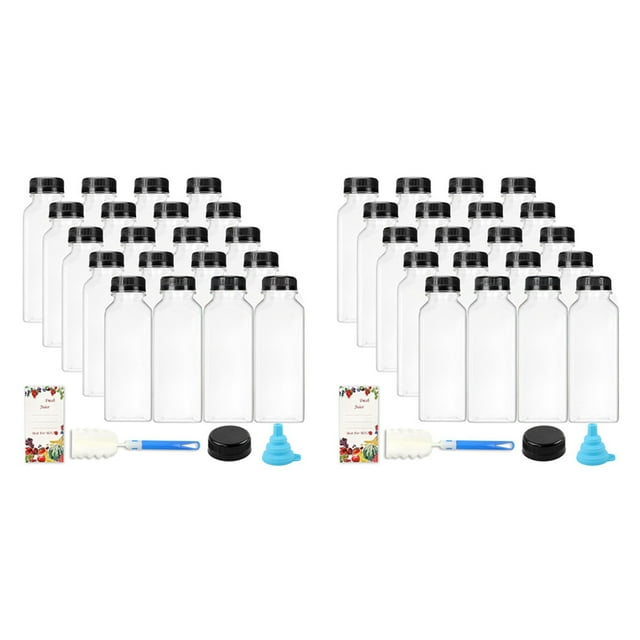 40 de Jugo de Plástico Vacías de 12 Oz con Tapas, de Agua Reutilizables, Recipientes Transparentes con Tapas Negras una Prueba de Manipulaciones