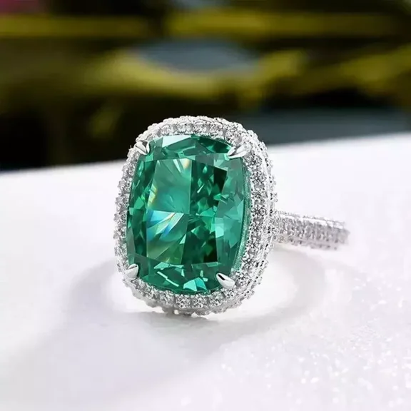 3.00Ct Cushion Cut Simulated Green Emerald Diamond Halo Wedding Ring 14k White Gold Plated Silver