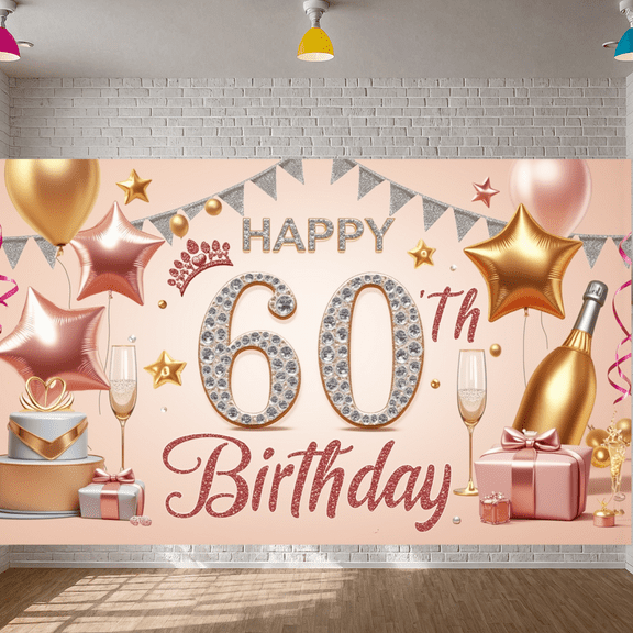 Rose Gold Theme Happy 60th Birthday Party Banner for Celebration Indoor Decoration Event
