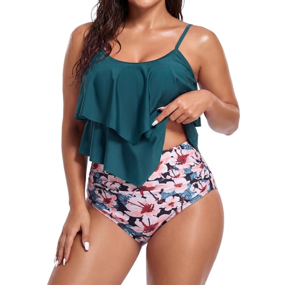 Zando High Waisted Tankini Bathing Suits for Women Modest Swimsuits with Ruffle 2 Piece Tummy Control Swimwear Green Flower S