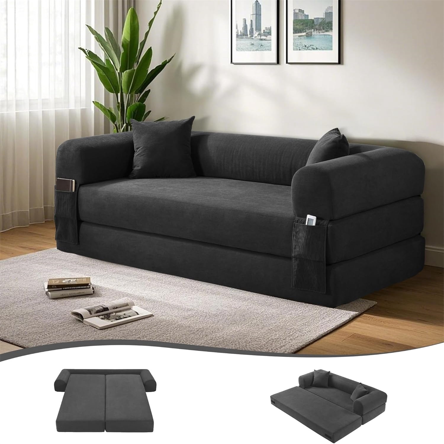3 in 1 Convertible Sofa Bed, 80" Corduroy Folding Pull Out Couch with 2 Pillows, Floor Sofa with Side Storage for Living Room, No Assembly Modern Boneless Couch Compression Sofa, 35.4"W