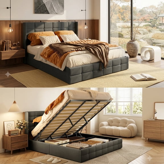 Queen Lift Up Storage Bed w/ Hydraulic, Upholstered Wingback Headboard Bed Frame, Wood Slats, Steel Frame, No Box Spring, Underbed Storage, Anti-Slip, Noise-Free, Sturdy & Space-Saving, Gray