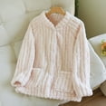 thumbnail image 2 of Womens Fleece Cable Knit Sweatshirts Solid Color Button Down Sweaters Cardigan Open Front Crew Neck Tops With Pockets (L, Beige), 2 of 3