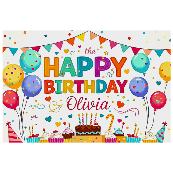 Colorful Happy Birthday Banner with Balloons Cupcakes and Cake Background Party Supplies for Birthday Party Decoration Photography Props Decorations