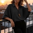 thumbnail image 5 of ClodeEU Women's Collar V Neck Batwing 3/4 Dolman Sleeve Blouse,Solid Curved Hem Casual Loose Shirt Top Black,Women's Plus L, 5 of 9