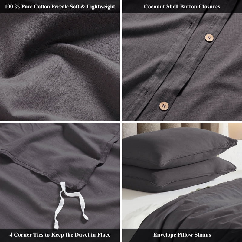 Superior Chloe 100% Cotton Percale Linen Texture Duvet Cover Set, Full/ Queen, Washed Plum