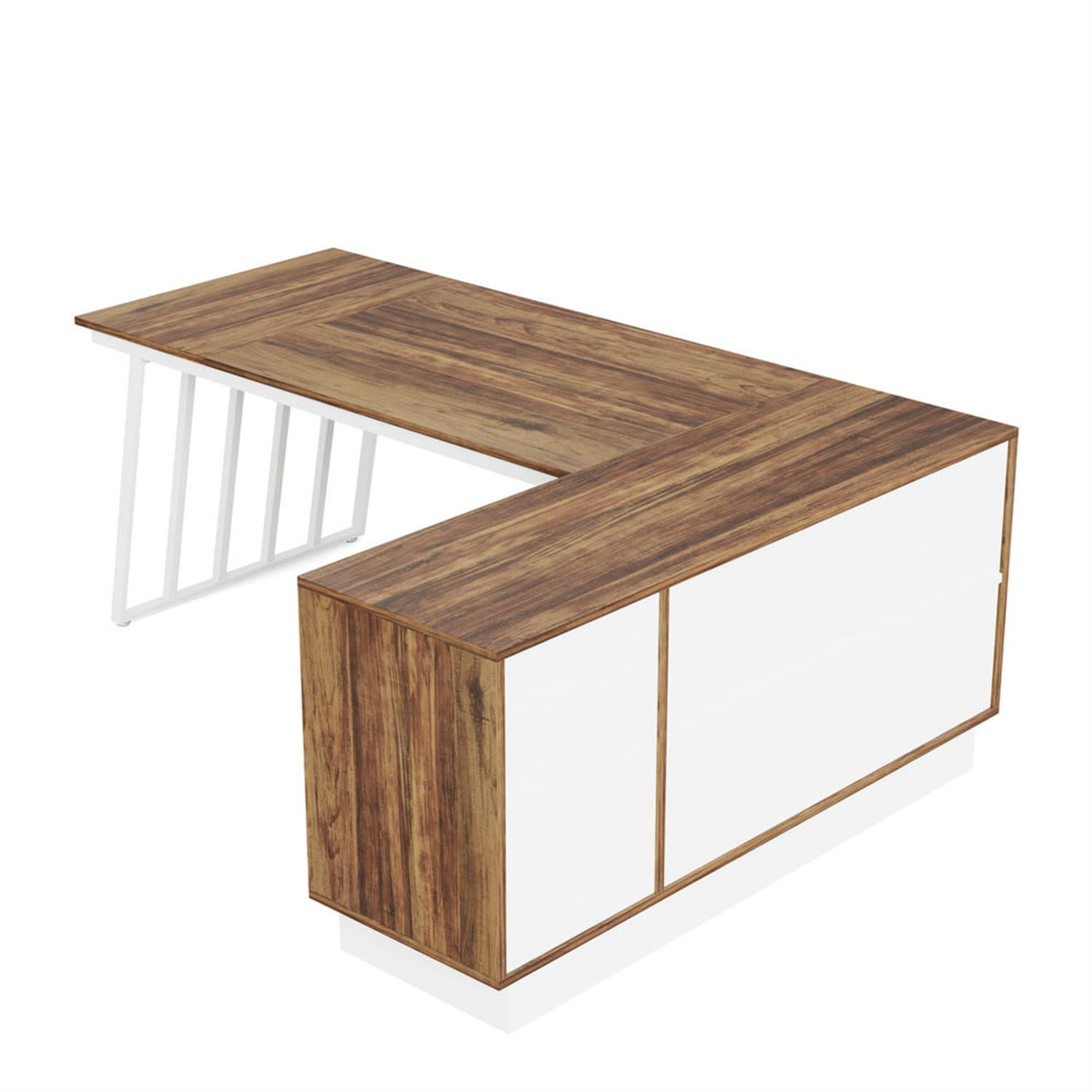 Demi Bonn Modern L Shaped Gaming Computer Desk, 71" Reversible Corner Executive Desk with Cabinet for Home Office, Brown