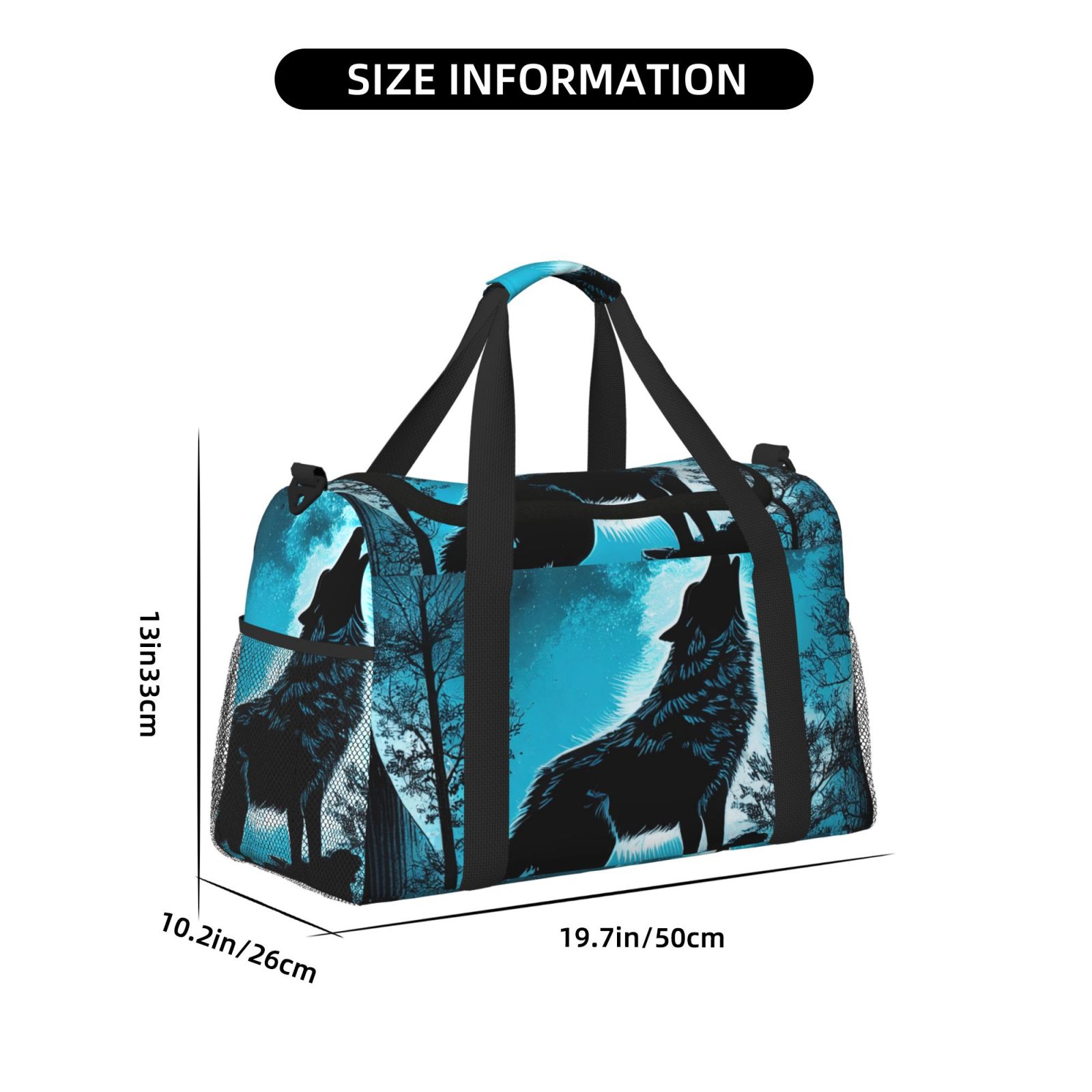 Kuqiui Blue Full Moon Wolf Print Foldable Travel Duffel Bag Tote Carry on Luggage Bag Personal item Sports Gym Bag Water Resistant Weekender Overnight Bags for Women and Men
