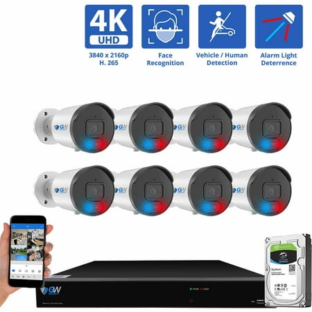 GW Security 8 Channel NVR UltraHD 4K Full-Time Color Night Vision PoE Security Camera System with (8) 8MP Two-Way Audio PoE Outdoor Cameras, AI Human & Cars Detection with Alarm Lights