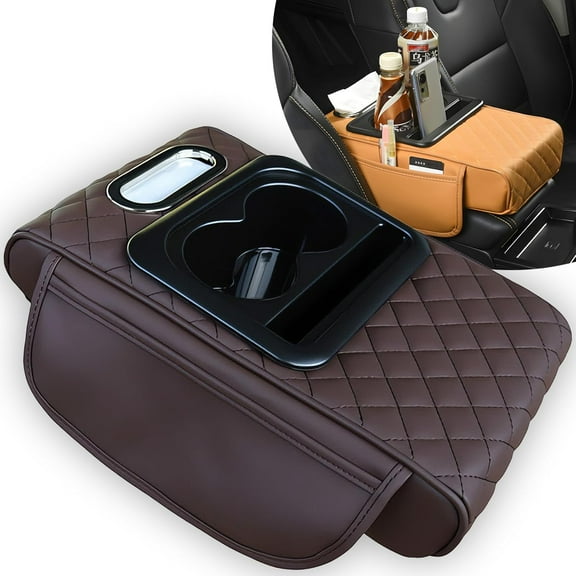 Central Console Organizer, Multifunctional PU Leather Car Armrest Box Mat with 5-in-1 Design, Center Console Cover with 2 Cup Holders for Storing Tissues and Drinks for Most Cars