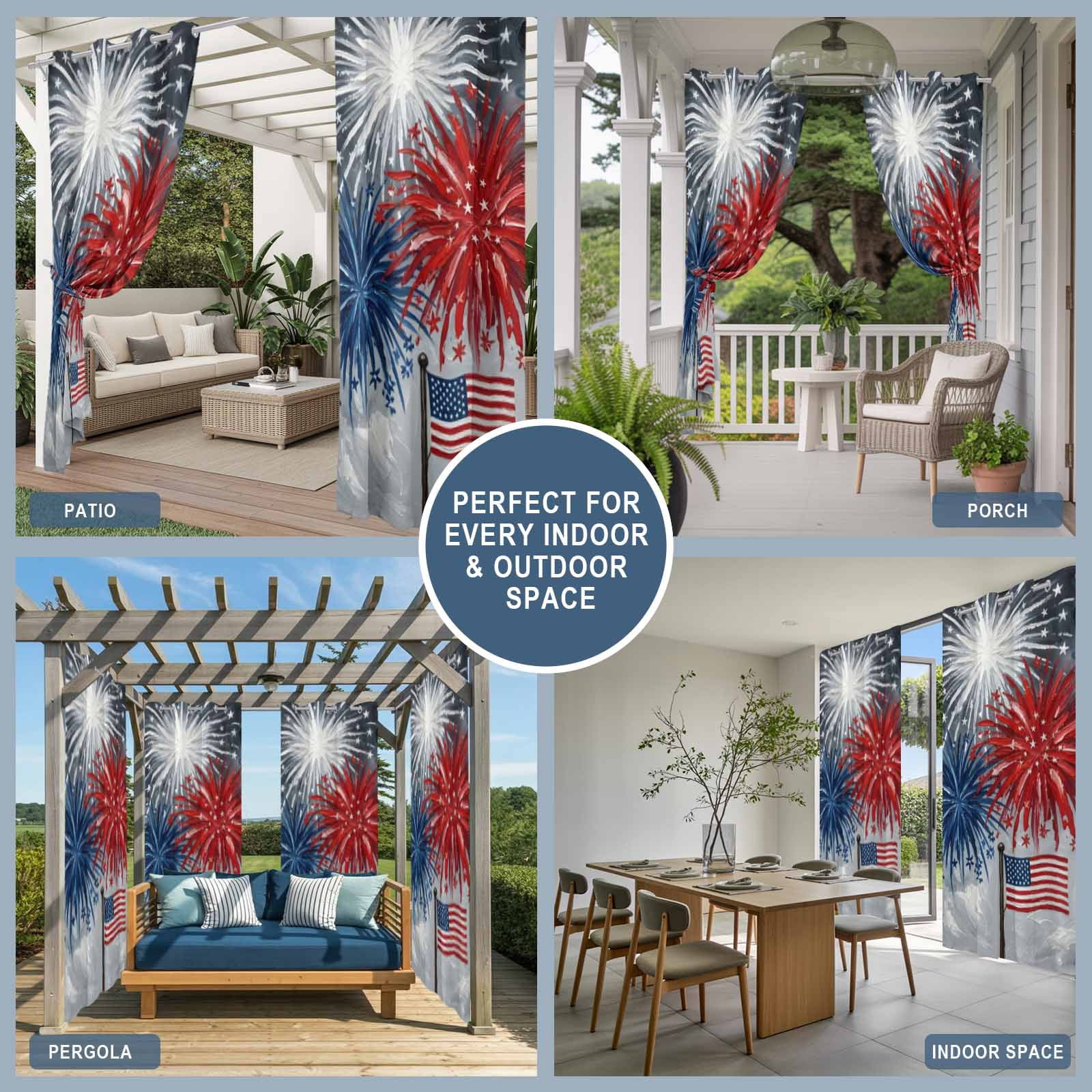 Independence Day Outdoor Curtains for Patio, Oil Painting Blue White Red Firework Flag Sunshade Privacy Drapes Grommet Waterproof Outside Curtains for Porch/Cabana/Balcony 54"x 108", 1 Panel