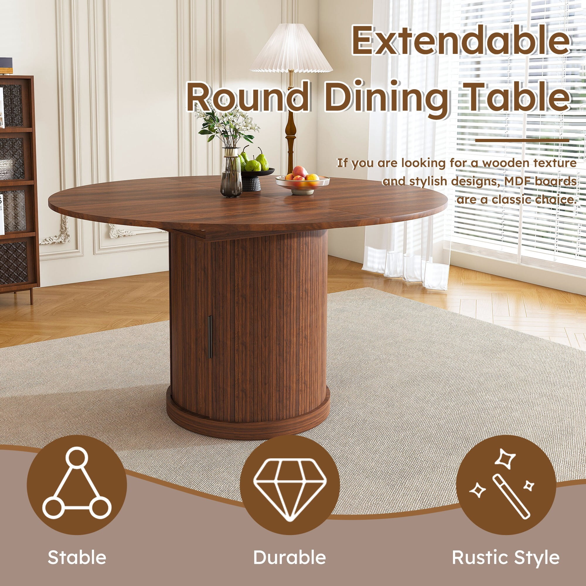 AENKYO 47-59" Extendable Oval Dining Table, Modern Kitchen Table with Storage Pedestal & Drawer, Walnut