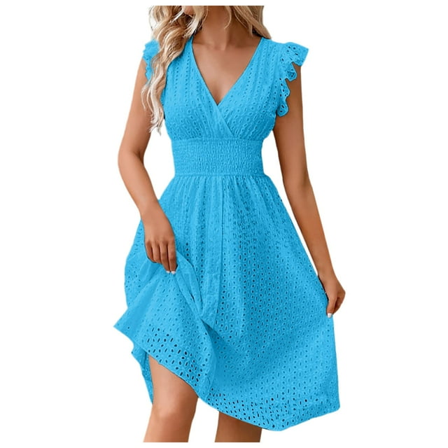 Kcodviy Robe d'Été Mi-Longue Nouvelle pour Femmes, Robe d'Été en Dentelle Jacquard Ajourée pour Petites Femmes, Coupe Ajustée, Col en V, Robe d'Été Décontractée, Grande Robe pour Femmes
