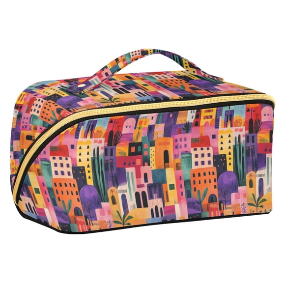 FORMRS Makeup Bag Travel Cosmetic Organizer for Women Fold Flat Zipper Pouch with Handle, Art Buildings