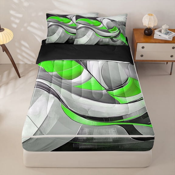 Homewish Green Swirl Geometric Zipper Twin Comforter Sets with Fitted Sheet and 2 Pillowcases,Modern Abstract Zipper Bedding Set,Black Reversible,4pcs