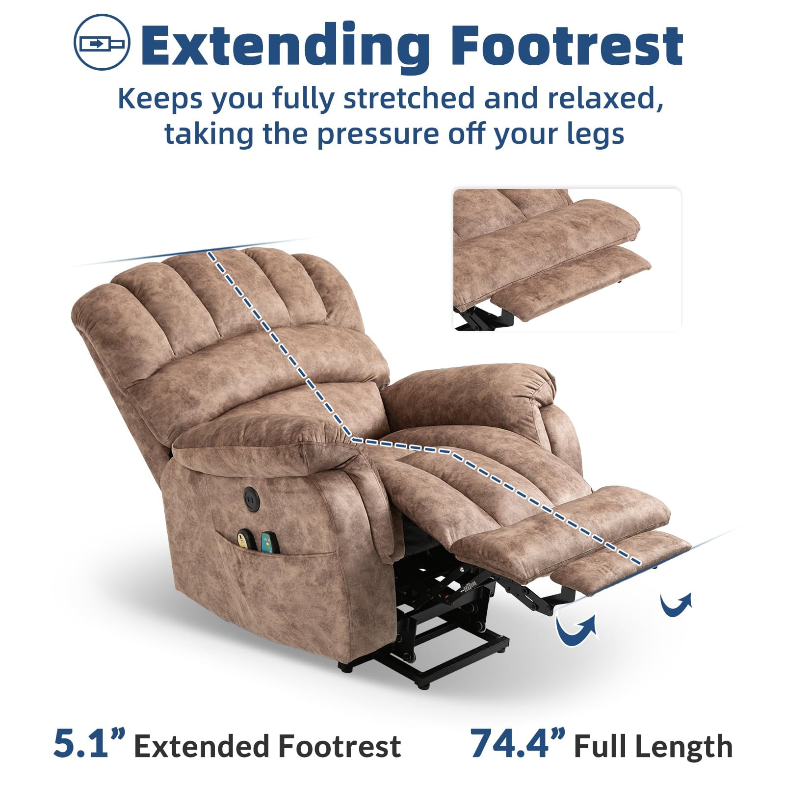 SOCIALCOMFY Large Electric Power Lift Recliner Chair with Extended Footrest for Elderly Big Man, Overstuffed Heated Massage Wide Reclining Sofa with 2 Remote Controls, Side Pockets & USB Ports, Brown