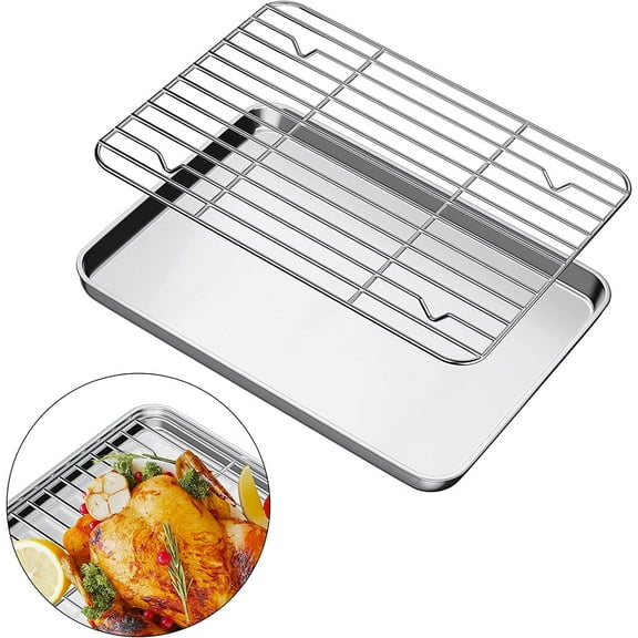 Baking Tray with Rack Set, Stainless Steel Baking Sheet with Cooling Rack 15.7" x 11.8", Easy Clean & Dishwasher Safe, Oven Trays for Bread/ Biscuits/ Meat Cooking Suitable for Thanksgiving,Christmas