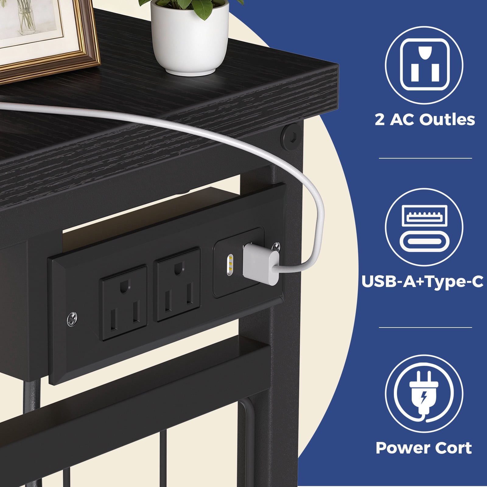 CONCETTA Dresser for Bedroom with Hanging Rack 6 Drawers Dresser, LED Lights & Charging Station, Wooden Top, Grid Panel, Black Wood