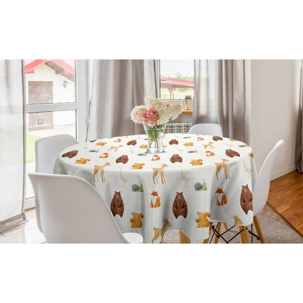 Animals Round Tablecloth, Baby Animals Watercolor Illustration Friendly