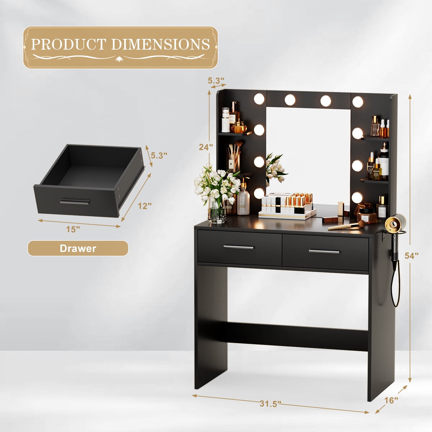 Vineego Makeup Vanity Desk with Lighted Mirror & Power Outlet, Makeup Vanity with 2 Drawers,Black