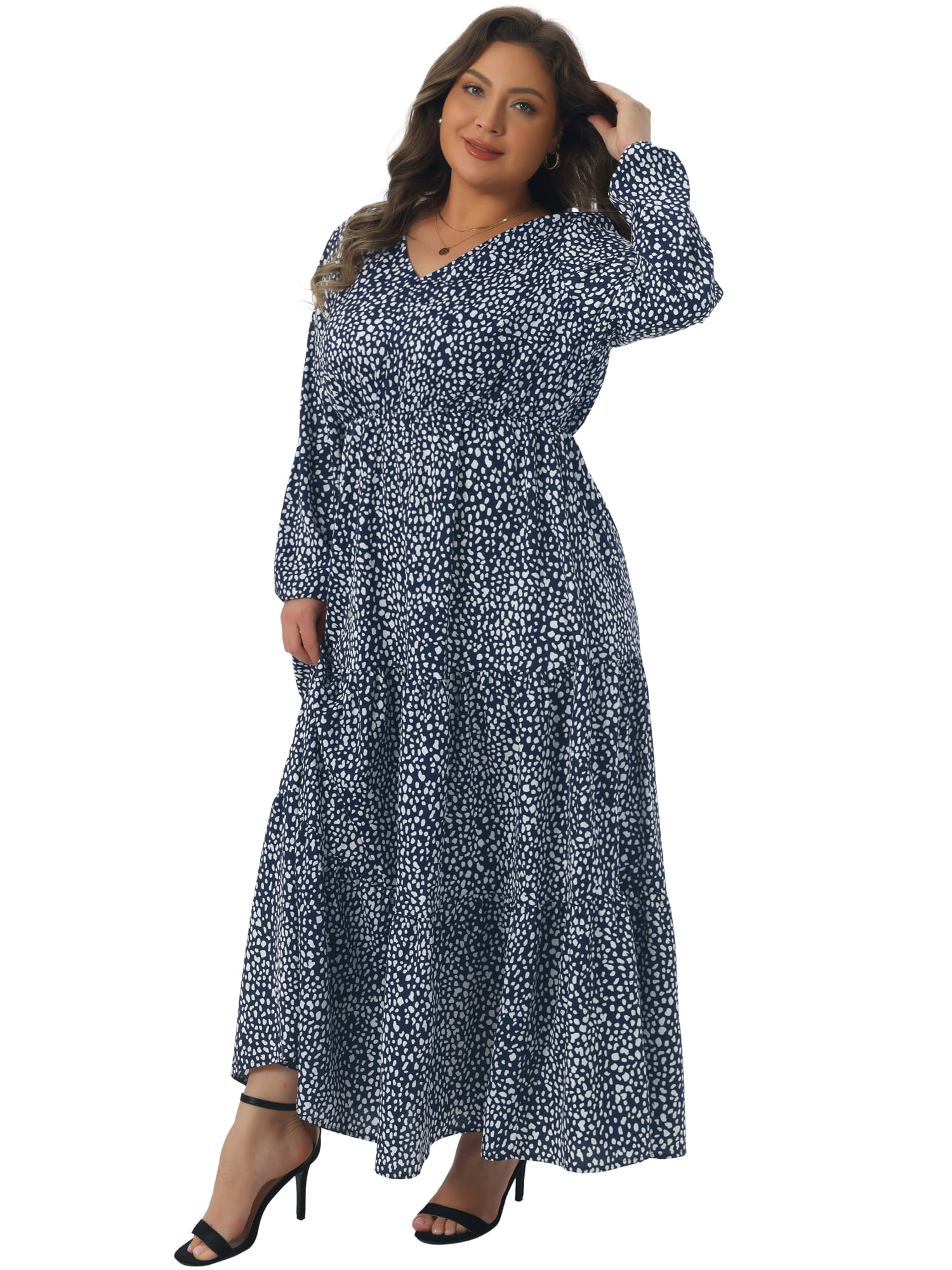 DARING DIVA Women's Plus Size Polka Dots Long Maxi Lantern Sleeve Dress 4X Navy Blue