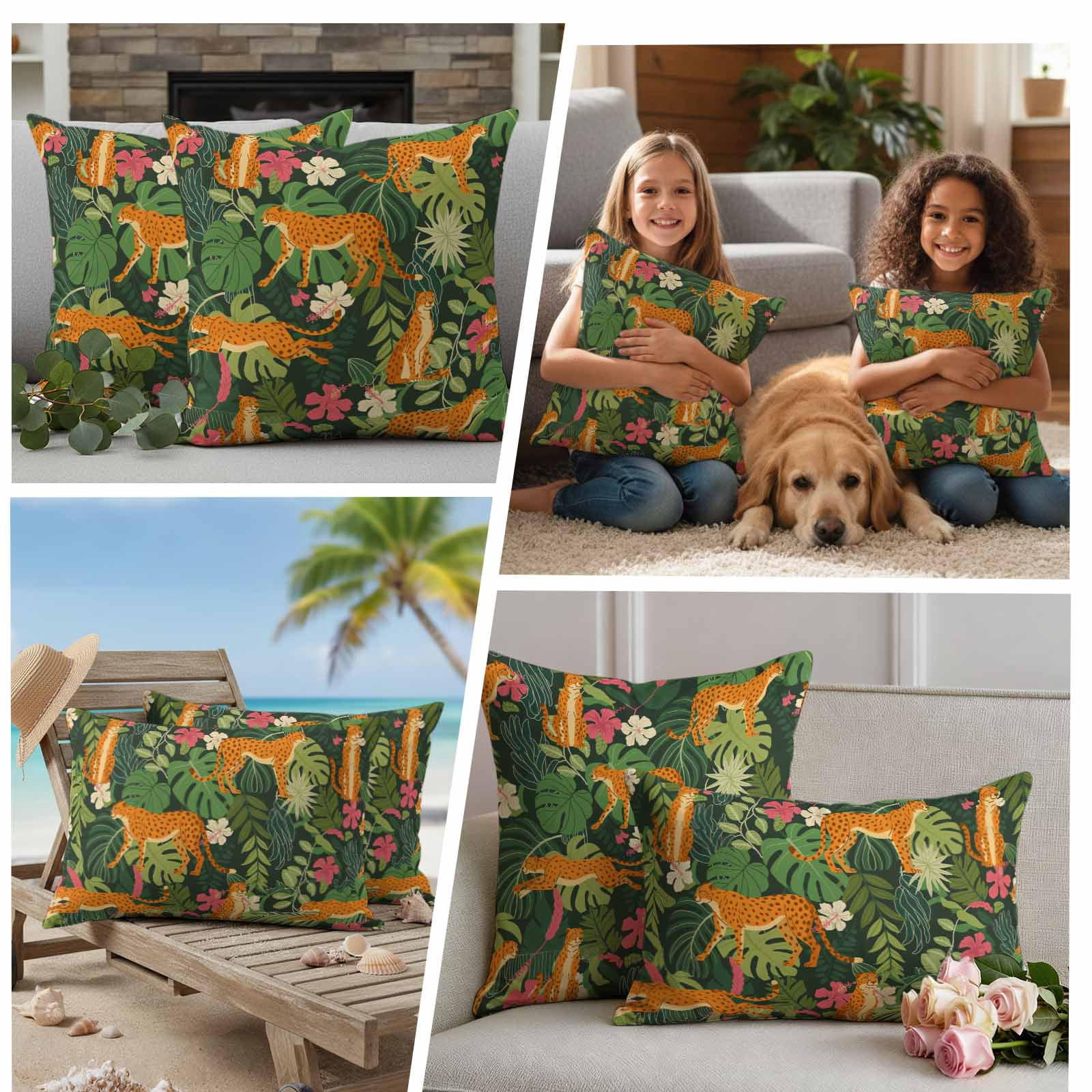 Tropical Plants Outdoor Waterproof Pillow Covers, Summer Botanical Animals Flowers Leaves Decorative Square Throw Pillowcase Sofa Cushion Sham for Patio/Couch/Chair, 18"x18" 2 Pack