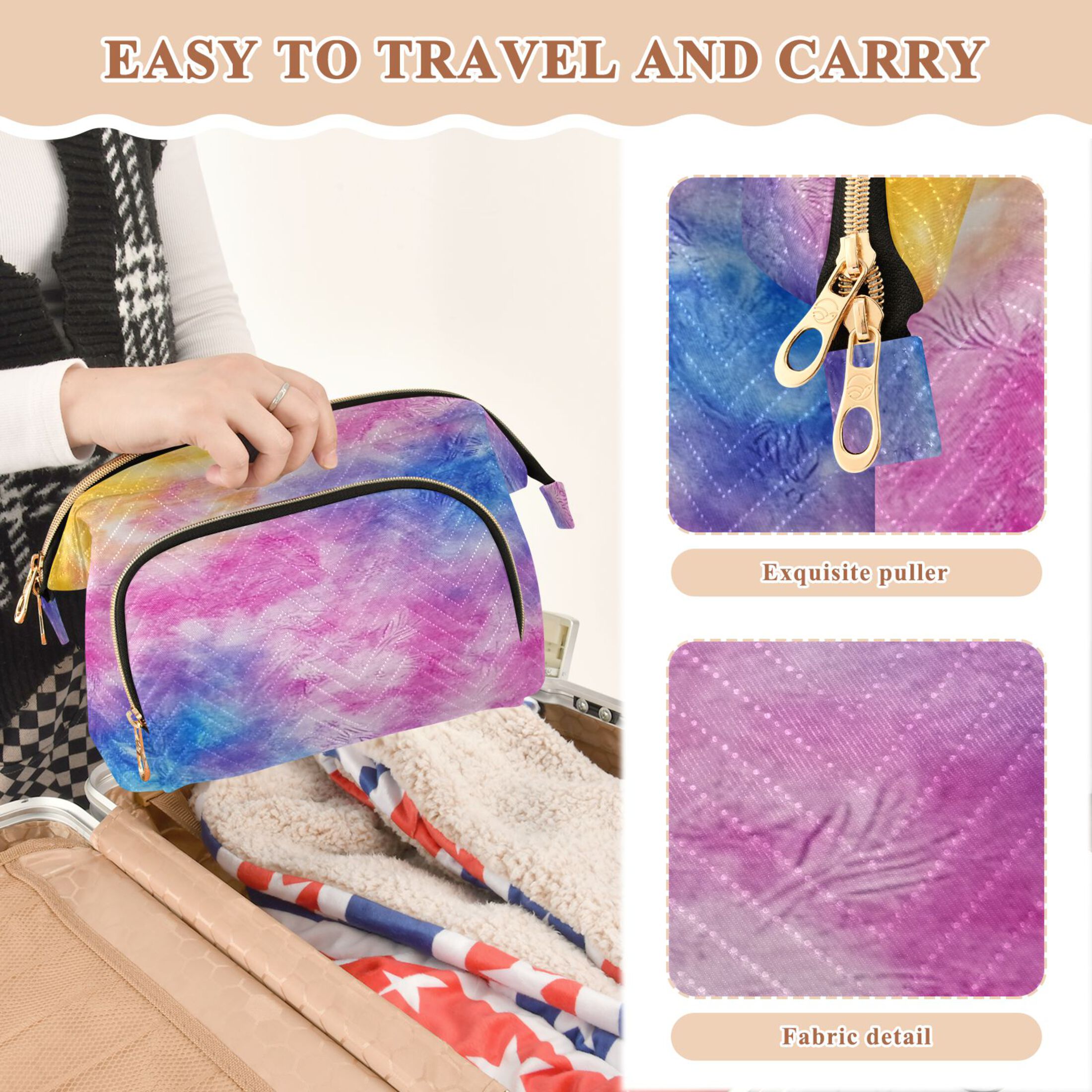 Wavy Quilted Cosmetic Bag Large-Capacity Travel Toiletry Organizer Includes 9-Piece Portable Travel Bottle Set Blue Purple Yellow Tie-dye