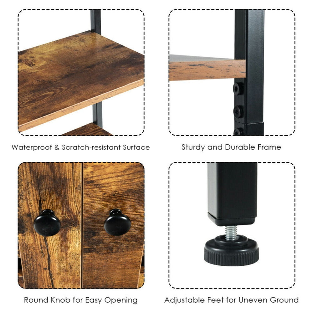 Demi Bonn 3-Tier Bookshelf with 2 Shutter Doors Storage Cabinet, Free Standingdustrial Bookcase, Brown