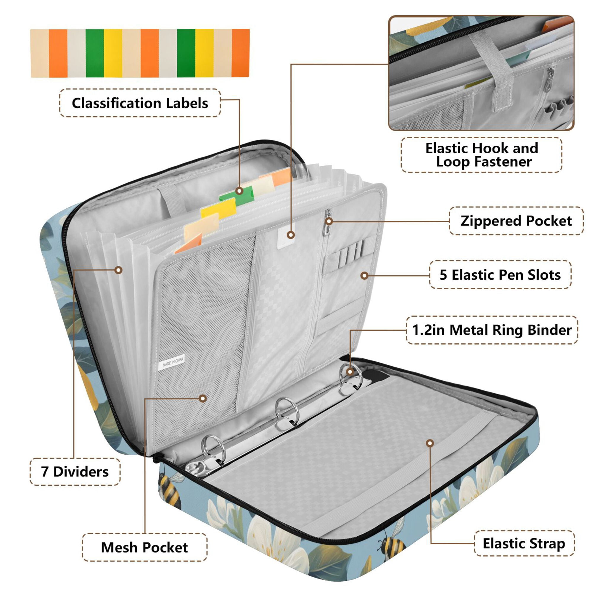 FORMRS Accordion File Folder A4 Size 7-Pocket Expanding Document Organizer Bag with 3 Ring Binder, Lemon Pattern
