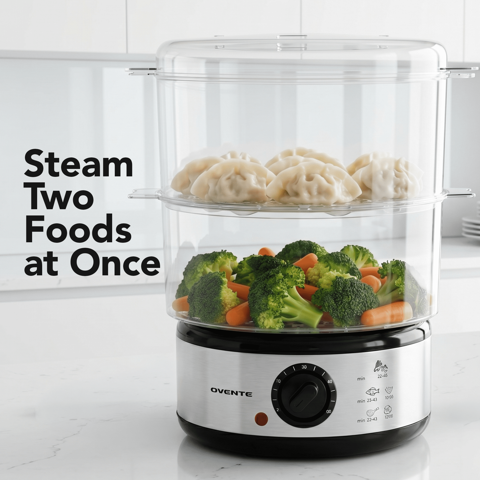OVENTE 2-Tier Electric Food Steamer, 5 Quart Stainless Steel Stackable Steam Cooker with 400W Power, 60-Minute Timer & Auto Shut-Off, Dishwasher Safe, Healthy Vegetable & Seafood Steamer, Silver FS62