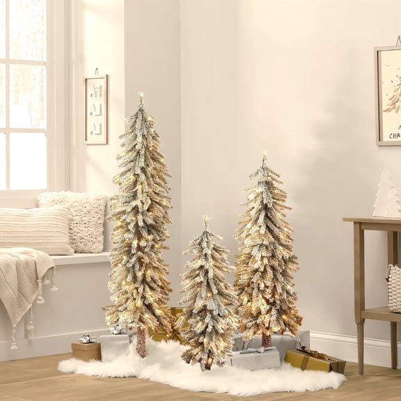 LuxenHome Set of 3 Pre-Lit LED Flocked Fir Slim Artificial Christmas Trees