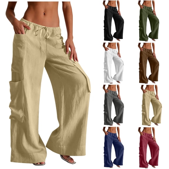 Admvng Womens Cargo Linen Pants Wide Leg Drawstring Waist Casual Summer with Pockets
