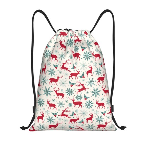 Kuqiui Vintage Christmas Reindeer Print Drawstring Backpack Drawstring Bags,Draw String Back Bag Drawstring Bags for Sports,Gym,Travel,Swimming,Beach