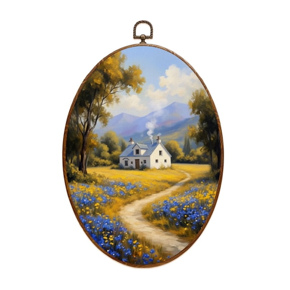 Oval Framed Wall Art Country Road Landscape Nature Wildflower Field Scenery Vintage Winding Canvas Wall Art Oval Vintage Wall Decor Prints Hanging Decor for Home Bedroom Living Room Office 8"x11.4"