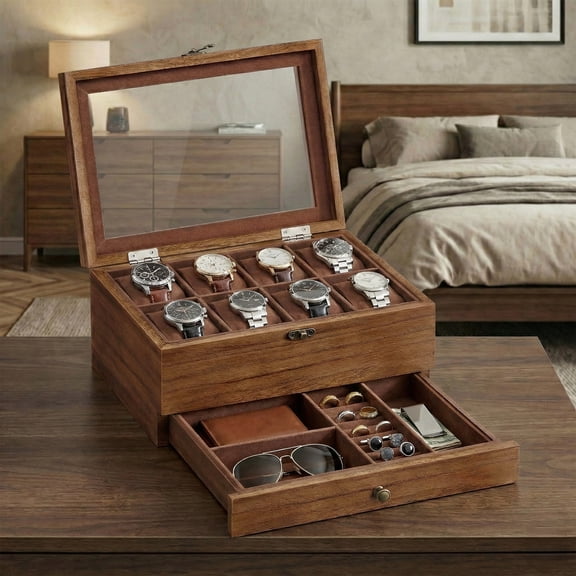 SONGMICS Caja de Relojes con 8 Ranuras, Estuche de Relojes de Madera de 2 Niveles , Madera de Paulonia,Nogal Rústico