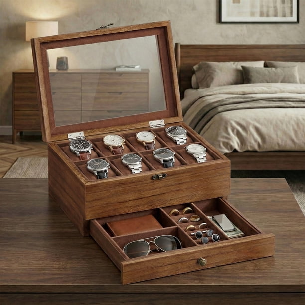 SONGMICS Caja de Relojes con 8 Ranuras, Estuche de Relojes de Madera de 2 Niveles , Madera de Paulonia,Nogal Rústico