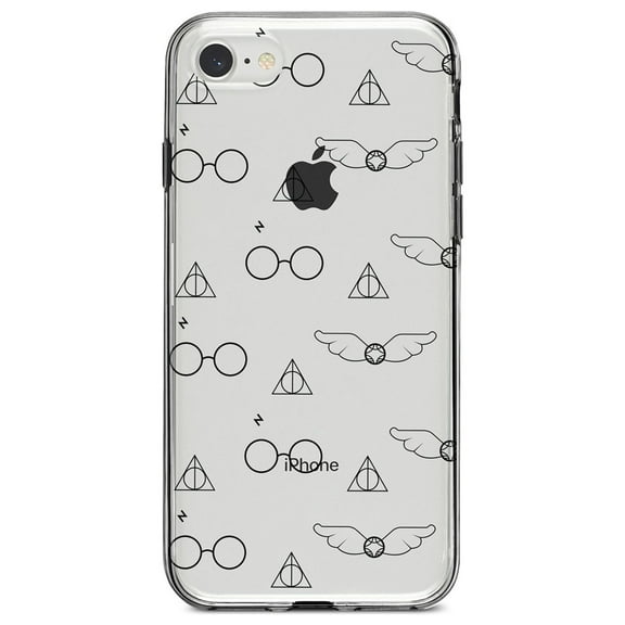 DistinctInk Clear Shockproof Hybrid Case for iPhone 7 8 SE (2020 Model) 4.7" Screen TPU Bumper Acrylic Back Tempered Glass Screen Protector - Round Glasses with Symbol and Snitch